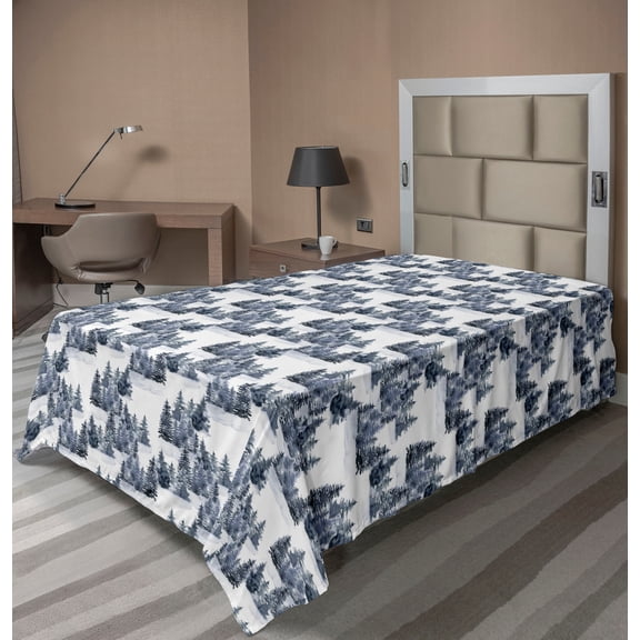 Ambesonne Winter Flat Bedding Sheet Soft Top Sheet, Pine Trees Snowy Forest Art, Twin, Sea Blue Off White