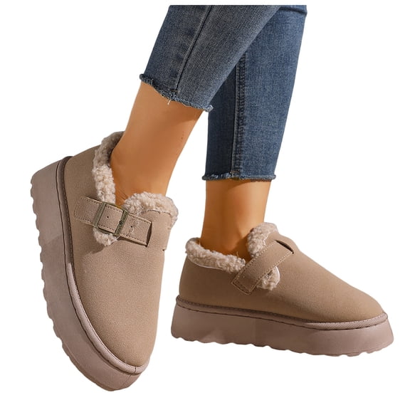 Winter Flat Shoes for Women Suede Fuzzy Warm Platform Low Top Booties Slippers Buckle Strap Casual Round Toe Slip on Walking Shoes Khaki Size 7