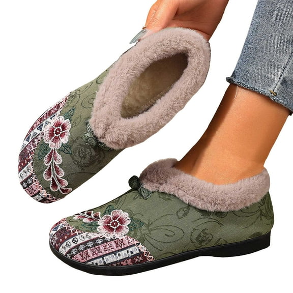 Winter Flats for Women Round Toe Splice Elegant Floral Embroidery Plush Warm Slip on Dress Shoes Casual Low Top Walking Shoes Green Size 7.5