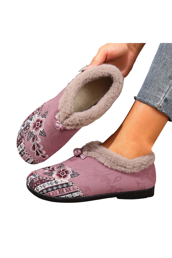 Winter Flats for Women Round Toe Splice Elegant Floral Embroidery Plush Warm Slip on Dress Shoes Casual Low Top Walking Shoes Pink Size 7.5