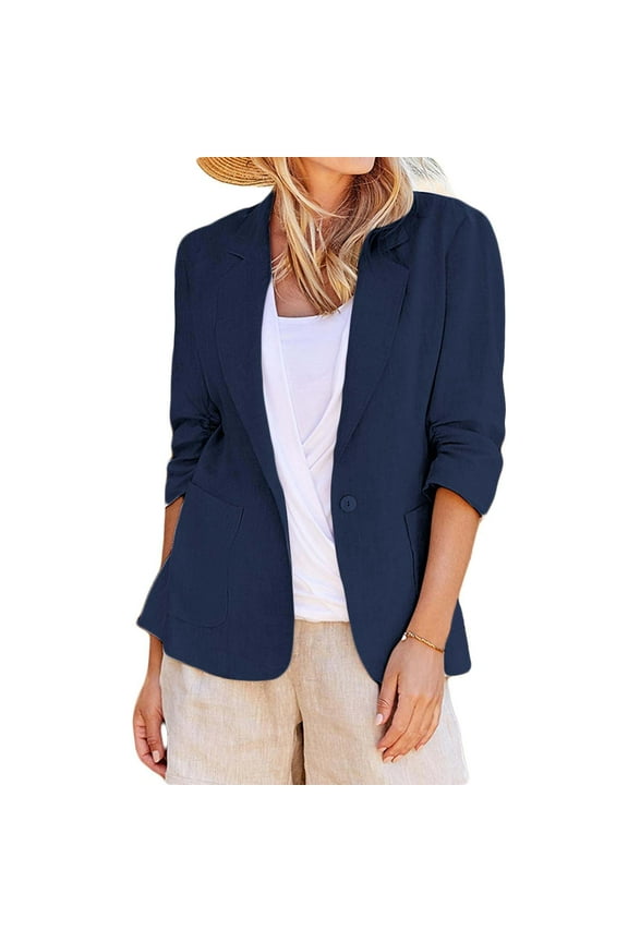 Winter Flax Elbow-Length Loose Fit Blazer Jackets for Women Blue Cover-Up Solid Color Lapel Wedding Linen Suit Casual 44989 Stretchy Ruched Sleeve Lightweight Work Office Jacket With Pockets XXL