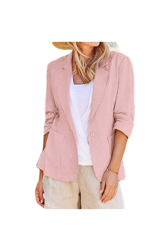 Winter Flax Elbow-Length Loose Fit Blazer Jackets for Women Pink Cover-Up Solid Color Lapel Wedding Linen Suit Casual 44989 Stretchy Ruched Sleeve Lightweight Work Office Jacket With Pockets L