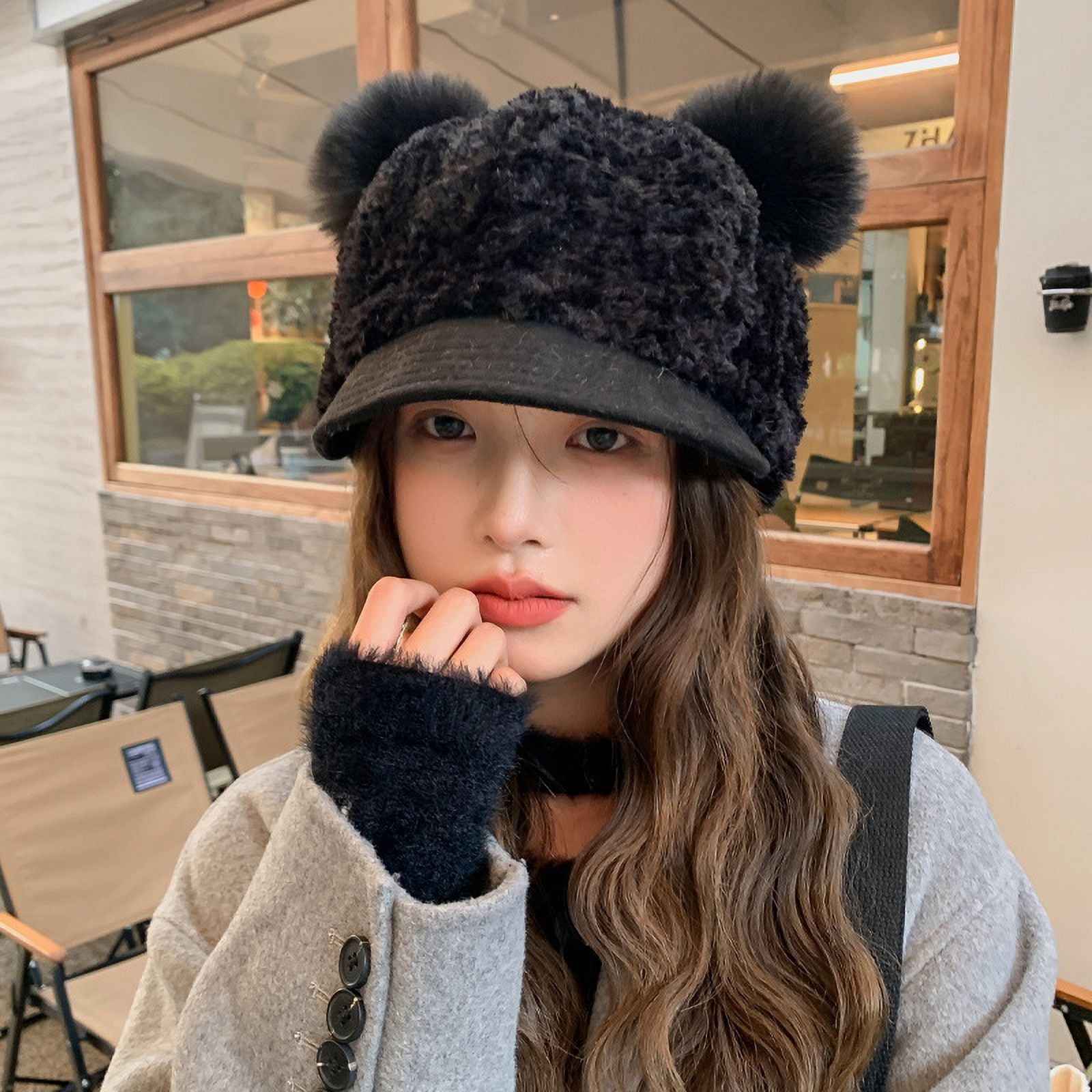 Women Black Winter Beanie Hats Knit Ear Flaps Cute Stuffed Bear Ears Fleece Winter Cute Bear Ears Knit Beanie Hat Women main image 2