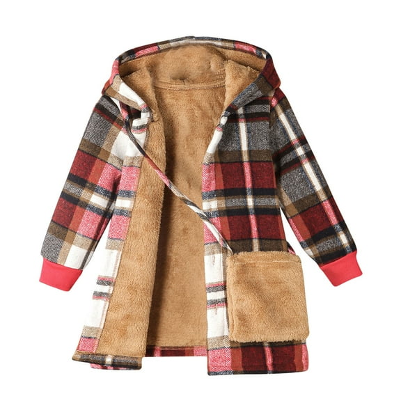 Winter Fleece Coat for Girls Lined Plush Warm Hooded Parka Children's Classic Plaid Printed Button Cotton Coat Long Sleeve Jackets with Free Bag Two-Piece Set