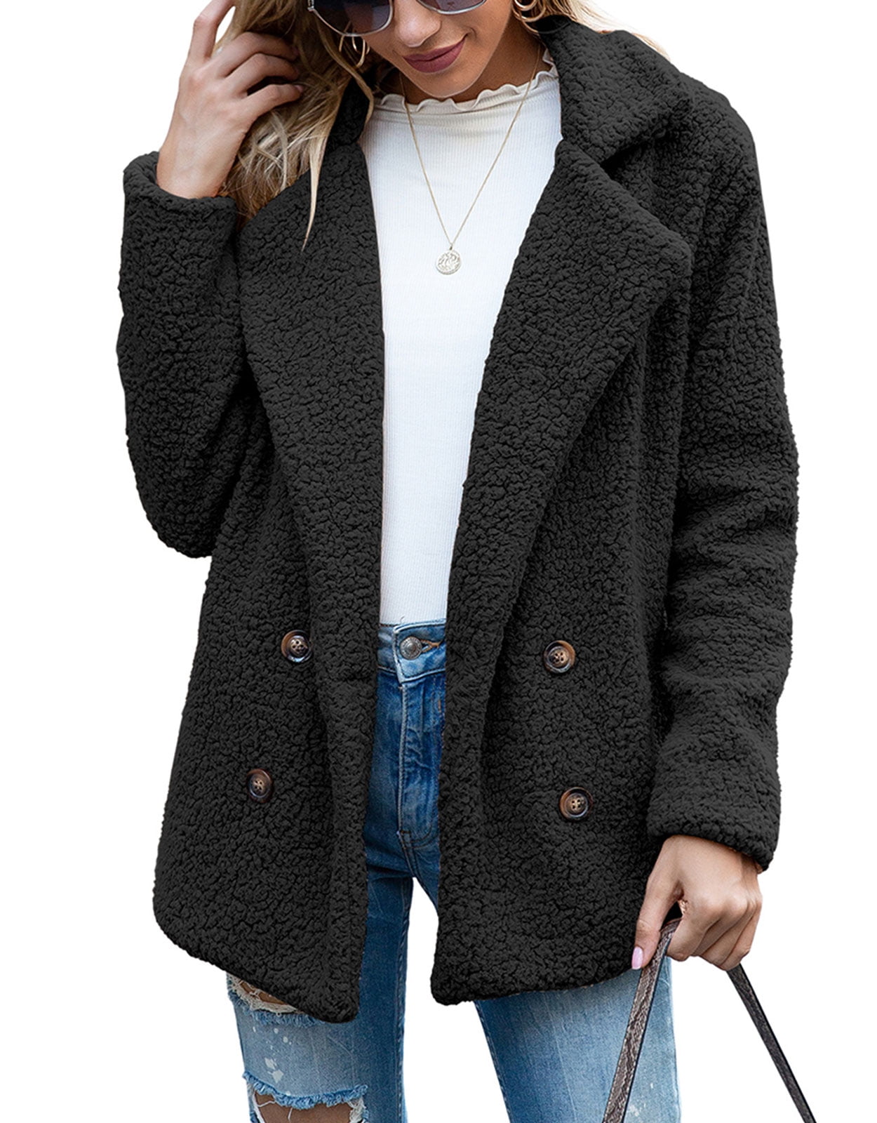 Winter Fleece Coats for Women Trendy Lapel Neck Button Up Fuzzy Faux
