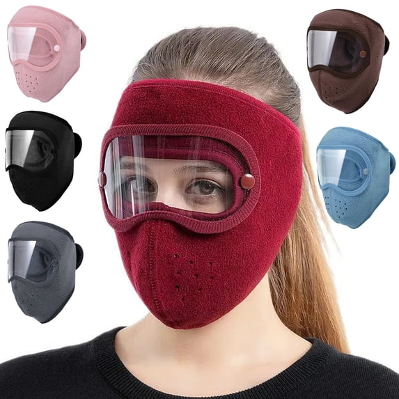 Winter Fleece Full Face Mask - Windproof Anti-Fog Mask with HD Protective Goggles, Warm Cycling Outdoor Mask, Cold Weather Face Shield for Riding & Hiking, Breathable Thermal Cover, Pink