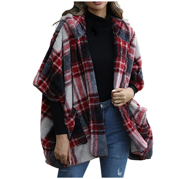 Winter Fleece Hoodie Jacket For Women Vintage 3/4 Sleeve Plaid Print Shawl Cardigan Vintage Pocket Open Front Warm Coat Outerwear