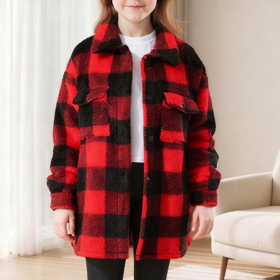 Winter Fleece Jacket for Girls Warm Thicken Coat Plaid Fuzzy Shacket with Pockets Cozy Thermal Outerwear New Waterproof Jackets for Kids Red 6-7 Years