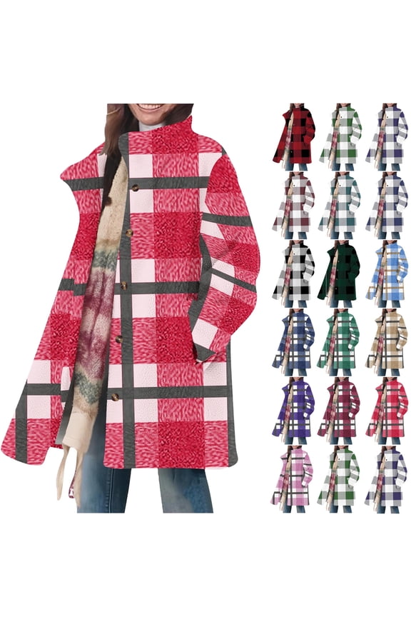 Winter Fleece Jacket for Women 2026 Women's Casual Warm Clothing Winter Daily Printed Loose Collar Button Long Sleeved Jacket Great Gifts for Less Red M