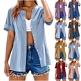 thumbnail image 1 of Women's Casual Short Sleeve Button Down Cardigan Shirt Blouse Loose Fit Lightweight Breathable Summer Office Wear | CSEONE,Purple L, 1 of 9