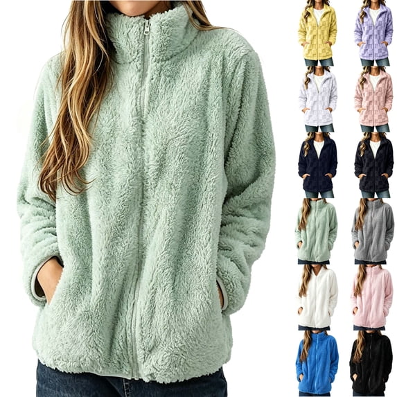 Winter Fleece Jacket for Women 2026 Zipper Stand Collar Casual Coats with Pockets Green XL