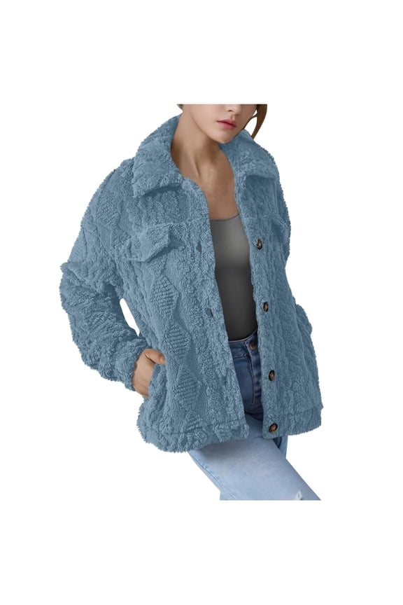 Winter Fleece Jacket for Women Button Down Stand Collar Sherpa Zip Up Coat Cable Knit Warm Fashion Tops with Pockets (M, Blue)
