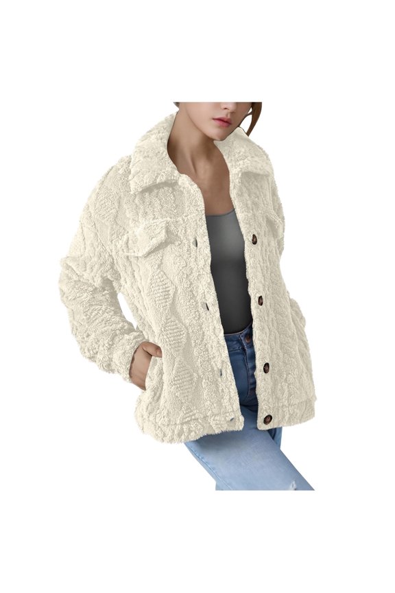Winter Fleece Jacket for Women Button Down Stand Collar Sherpa Zip Up Coat Cable Knit Warm Fashion Tops with Pockets (S, Beige)