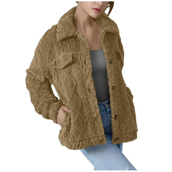 Winter Fleece Jacket for Women Button Down Stand Collar Sherpa Zip Up Coat Cable Knit Warm Fashion Tops with Pockets (XL, Khaki)