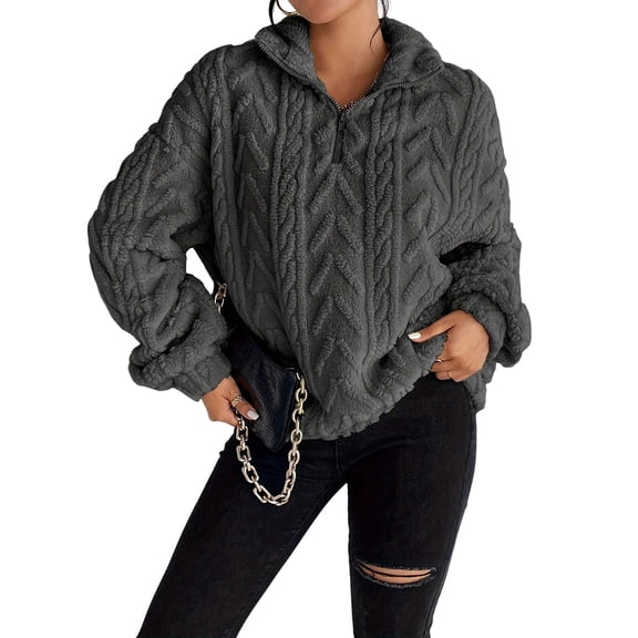 Winter Fleece Jacket for Women Zipper Stand Collar Casual Coats with Pockets Dark Gray M