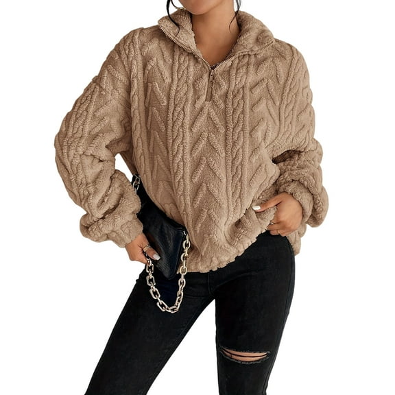 Winter Fleece Jacket for Women Zipper Stand Collar Casual Coats with Pockets Khaki XXL