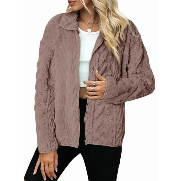 Winter Fleece Jacket for Women Zipper Stand Collar Casual Coats with Pockets Light Beige XL