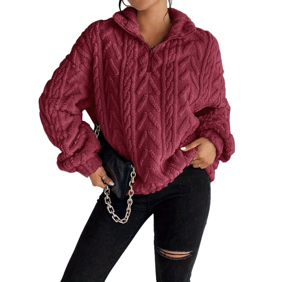 Winter Fleece Jacket for Women Zipper Stand Collar Casual Coats with Pockets Wine Red XL