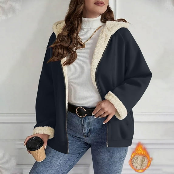 Winter Fleece Jackets for Women Casual Women's Fleece-Lined Jacket Solid Color Oversized Short-Length Hooded Outerwear with Zip Front and Pockets for Fall and Winter, Size S-2XL
