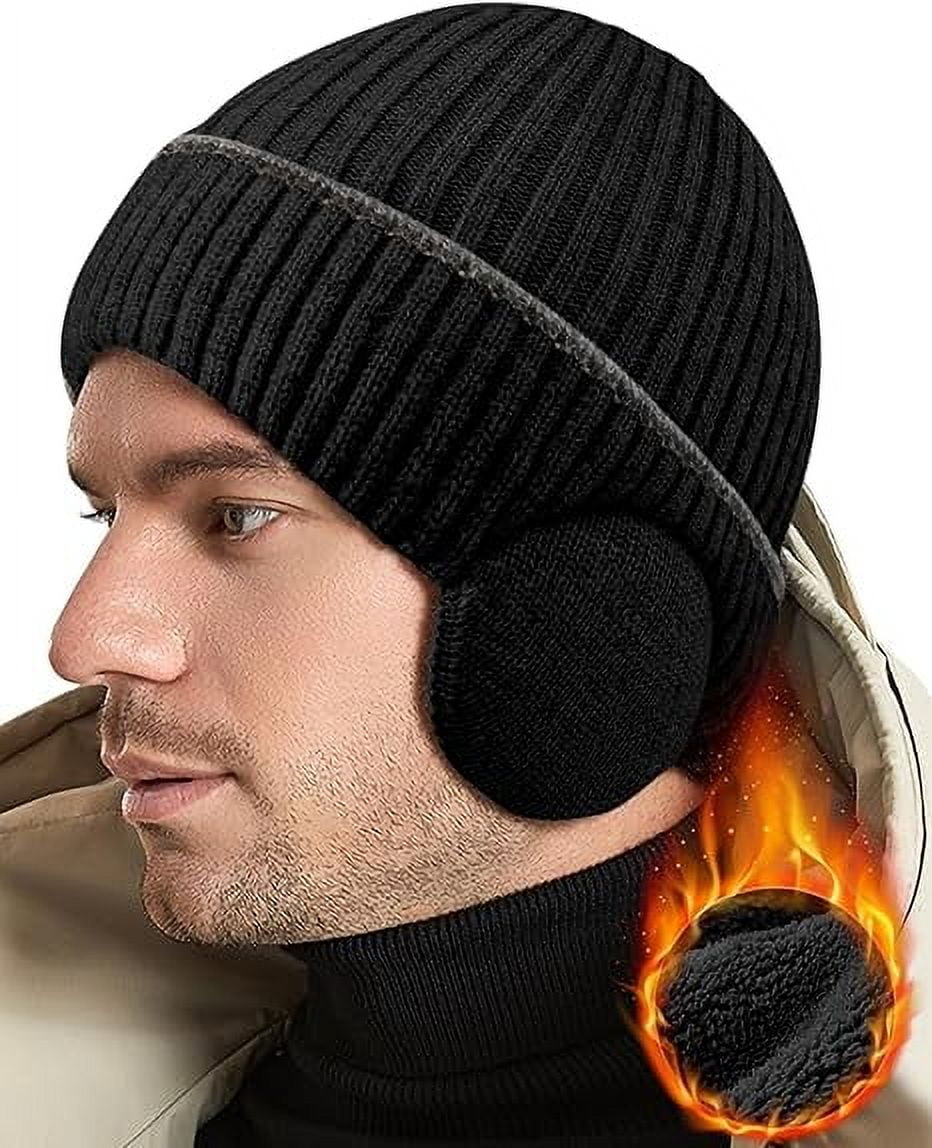 Fleece Lined Beanie with Earflaps Chunky Knit Winter Hat Unisex Warm Wmcaps Winter Fleece Line Beanie with Earflap for Men Women  main image 4