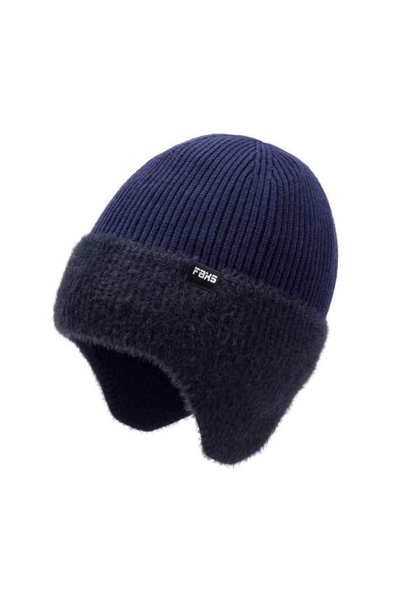 Winter Fleece Line Beanie with Earflap for Men Women, Outdoor Warm Thermal Knitted Hat Stocking Caps blue