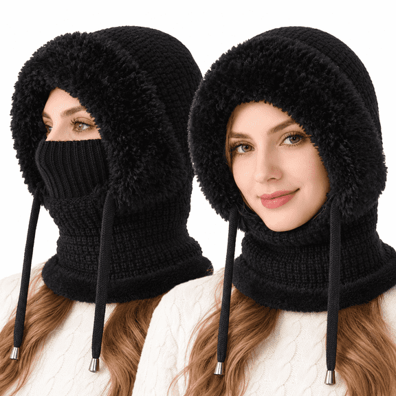 Winter Fleece-Lined Balaclava Hood for Men & Women, Knitted Hat with Scarf & Face Cover, Adjustable, Christmas Gift