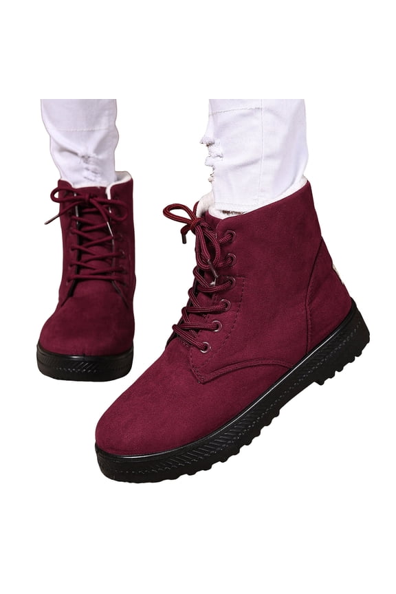 Winter Fleece Lined Flat Ankle Combat Boots for Women Platform Low Heel Comfortable Suede Lace Up Mid Calf Snow Booties Red Size 9.5