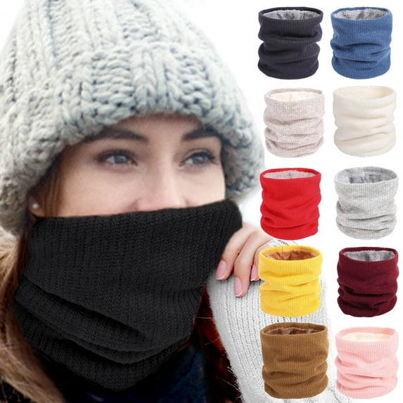Winter Fleece Lined Knitted Neck Warmer Scarf, Double-Layer Neck Gaiter for Women Mens