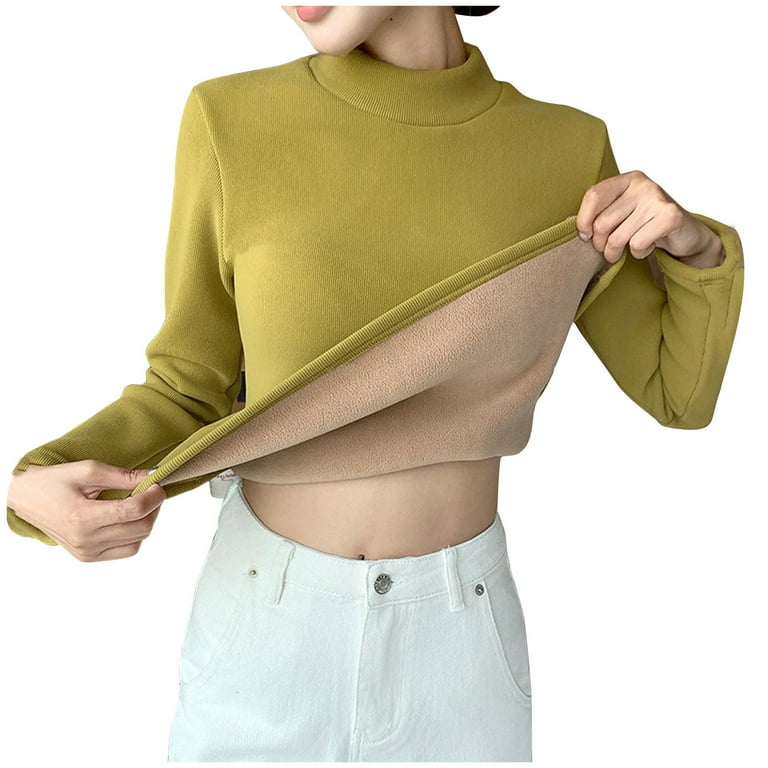 Winter Fleece Lined Tops for Women Mock Turtleneck Solid Color Warm Tunic Shirts Slim Casual Pullover Basic Tees Yellow XL