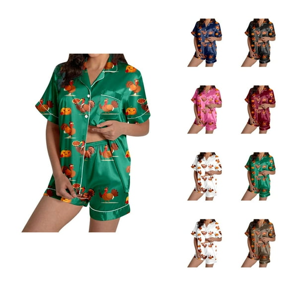 Winter Loungewear â Warm Pajama Sets for Women, Cozy Sleepwear for Cold Nights Ladies' Thanksgiving Turkey Print Pajama Shorts Set 2024