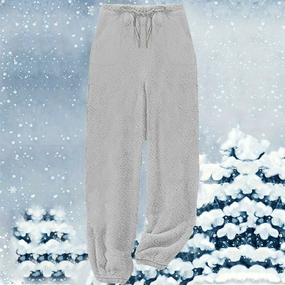 Winter Fleece Pants For Womens Trendy Solid Color Pants Comfortable Home Drawstring Pants With Pocket Gray L