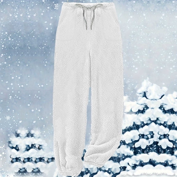 Winter Fleece Pants For Womens Trendy Solid Color Pants Comfortable Home Drawstring Pants With Pocket White L