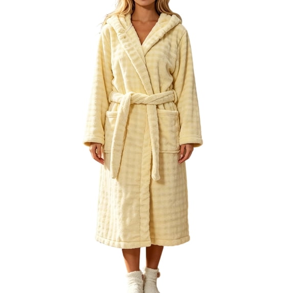 Winter Fleece Robe for Women Comfy Absorbent Wrap Bathrobe with Belt Loose Long Sleeve Hooded Pocket Long Bathrobe
