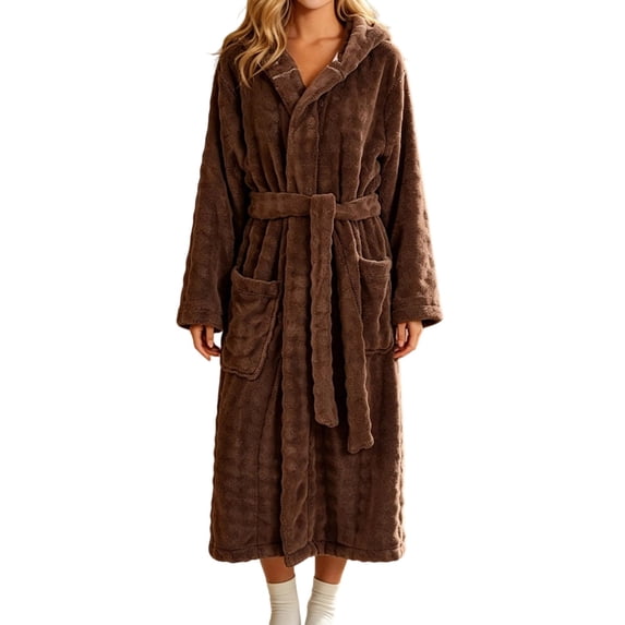 Winter Fleece Robe for Women Comfy Absorbent Wrap Bathrobe with Belt Loose Long Sleeve Hooded Pocket Long Bathrobe
