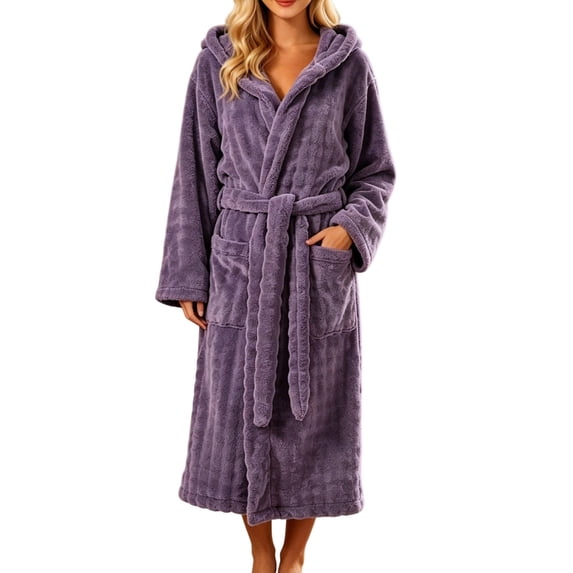 Winter Fleece Robe for Women Comfy Absorbent Wrap Bathrobe with Belt Loose Long Sleeve Hooded Pocket Long Bathrobe