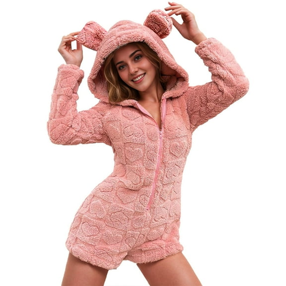 Winter Fleece Sherpa Onesie Shorts Cute Cat Ear Hooded Jumpsuit for Women Zip Up Long Sleeve Fleece Warm Loungewear
