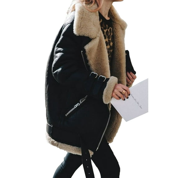 Winter Fleece Suede Jacket Women Lamb Flannel Lined Motorcycle Overcoats Jackets Coats Outerwear