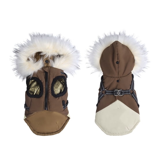 Winter Fleece Warm Pet Coat Soft Dog Hooded Jacket with Zipper Reflective Harness for Shiba Inu Schnauzer Poodle(Brown, M)
