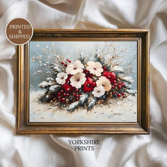 Red Fiower Winter Floral Bouquet Poster, Red and White Christmas Flowers for ...