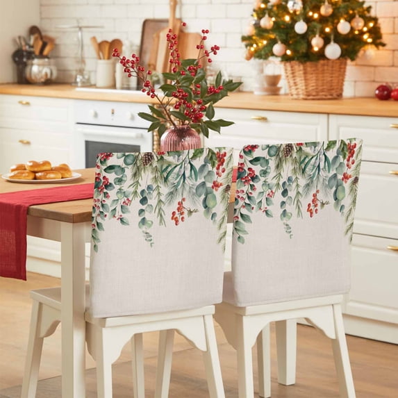 Winter Floral Chair Covers Set of 6 Christmas Eucalyptus Leaves Red Berry Rustic Chair Back Covers Stretch Removable Washable Slipcovers Protector for Dining Room Kitchen Party Decor
