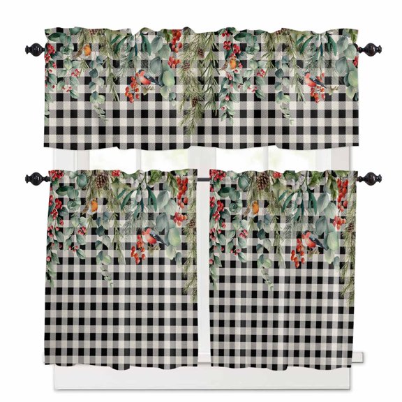 Winter Floral Kitchen Curtains Valances and Tiers Set of 3 Christmas Eucalyptus Leaves Red Berry Plaid Tier Curtains and Valance Rod Pocket Valance Curtains Set for Windows 27.5"W x 36"L