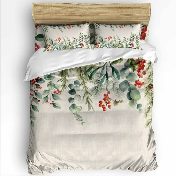 Winter Floral Twin Size Comforter Set, Christmas Eucalyptus Leaves Red Berry Rustic Soft Bedding for All Seasons, 4 Pcs Bed Set with 1 Comforter (68"x86") ,1Sheet(66"x116"), 2 Pillowcases (19"x29")