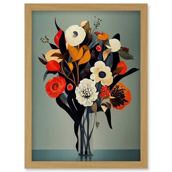 Winter Flower Floral Bouquet Orange Navy Cream Modern Acrylic Paint Artwork Framed Wall Art Print A4