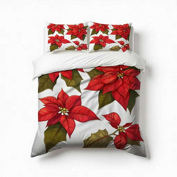 Winter Flower, Poinsettia, Rowan Tree Bedding Set 3 Pcs Soft Microfiber Quilt Cover For Bedroom Decor, Comforter Cover With 2 Pillowcase