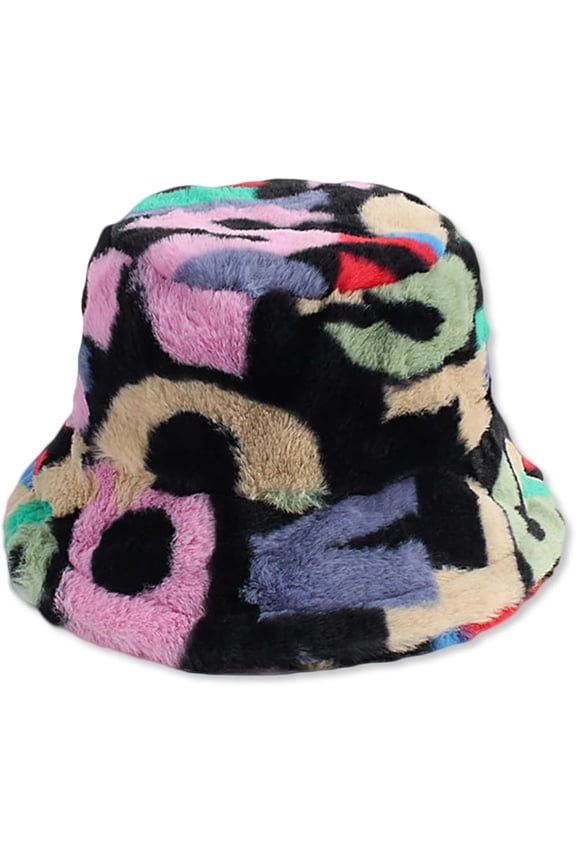 Winter Fluffy Bucket Hat for Women Men Rainbow Letter Pattern Furry Faux Fur Adjustable Plush Fisherman Cap Warm Hat