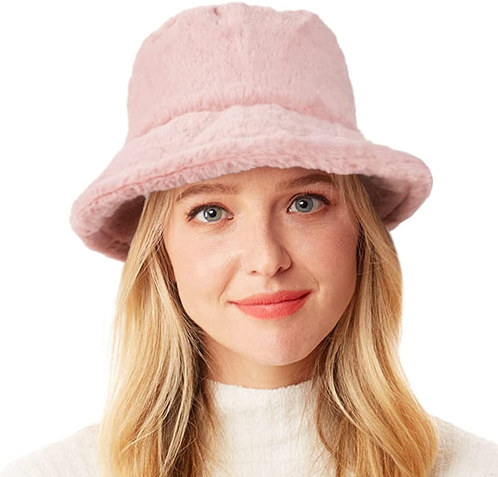 Winter Fluffy Bucket Hat for Women's Faux Fur Fishman Cap Warm Fuzzy