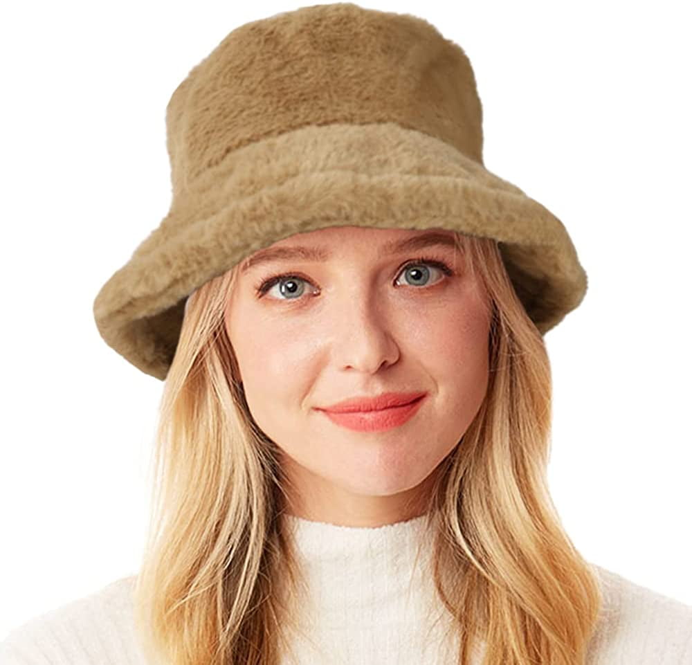 Winter Fluffy Bucket Hat for Women's Faux Fur Fishman Cap Warm Fuzzy