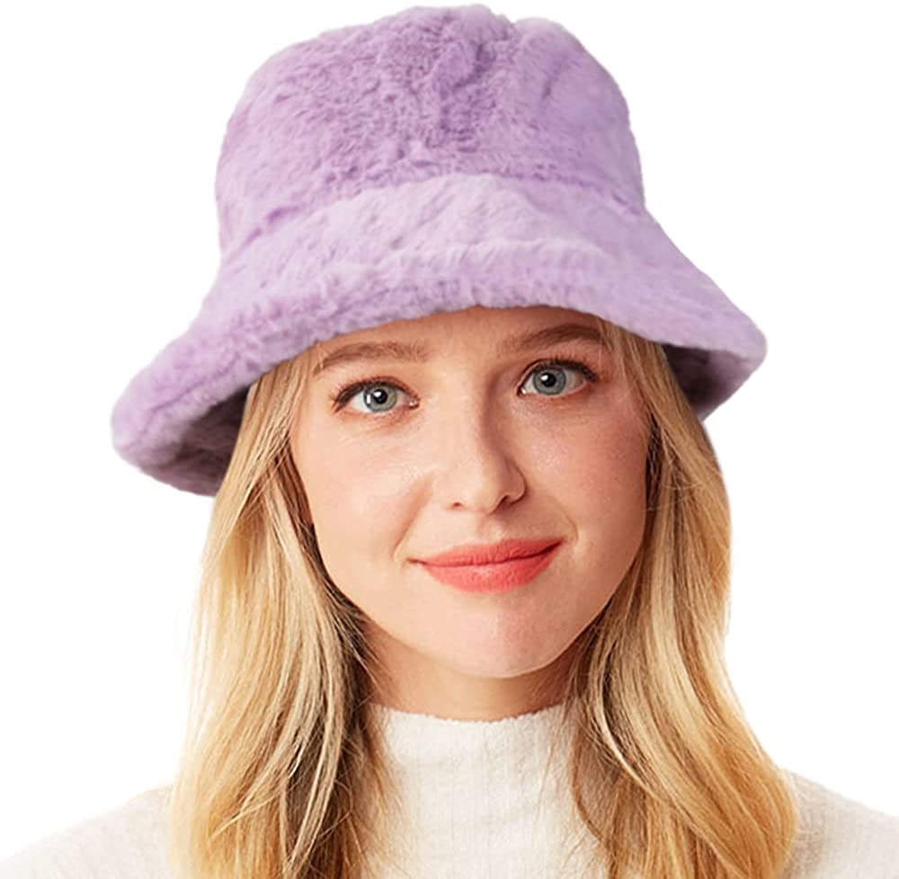 Winter Fluffy Bucket Hat for Women's Faux Fur Fishman Cap Warm Fuzzy