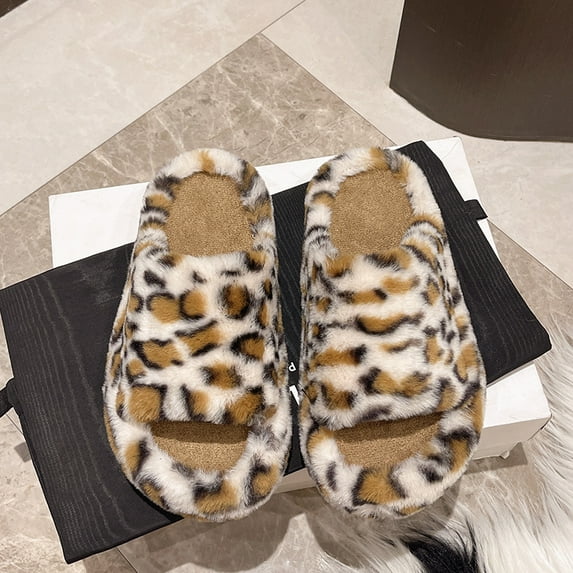 Winter Fluffy Slippers Women 2024 Leopard House Home Fur Slippers for Women Flat Platform Cozy Fuzzy Indoor Shoes Korean Slides (Beige,38)