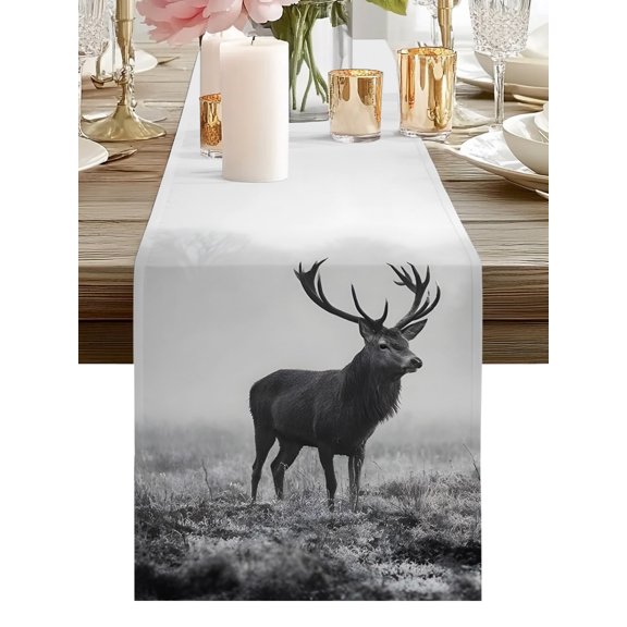 Winter Fog Table Runners 36 Inches Long Gray Lone Standing Deer Animal Artistic Kitchen Dining Table Runner Dresser Scarves for Party Coffee Holiday Party Decor